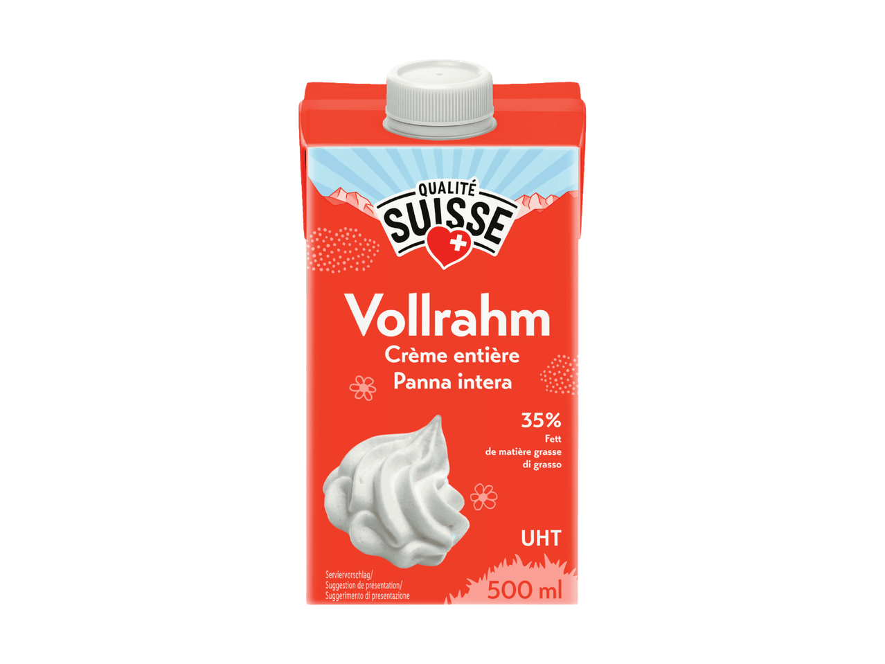 500 ml Vollrahm-Karton mit 35 % Fett, mit Schlagsahne und Bergen.
