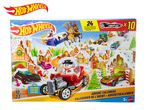 Hot Wheels Advent Calendar with 10 cars and 23 accessories, featuring a festive winter scene.