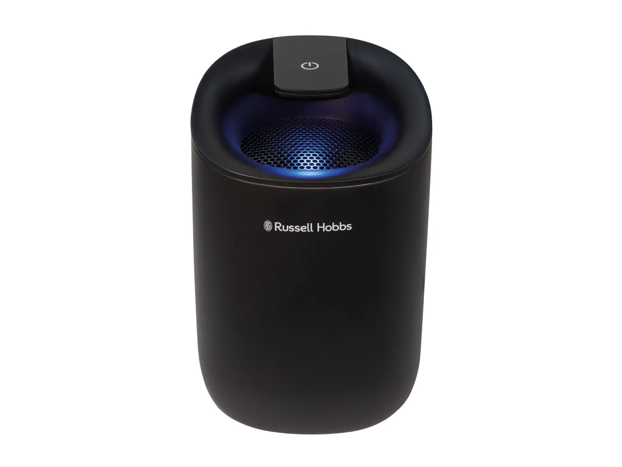Compact black air purifier with a glowing blue light and a power button on top.