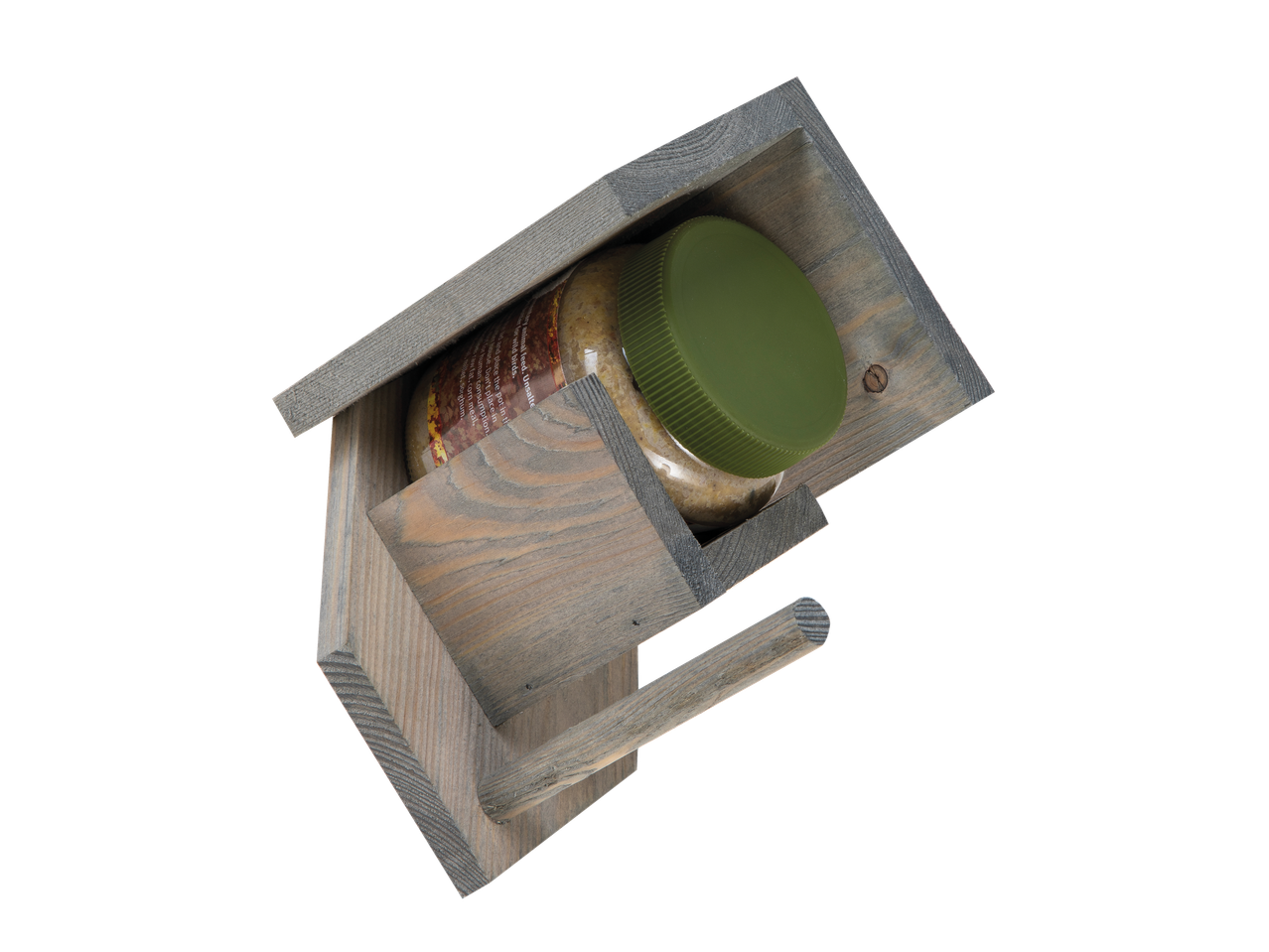 Houten vogelhuisje met pindakaas