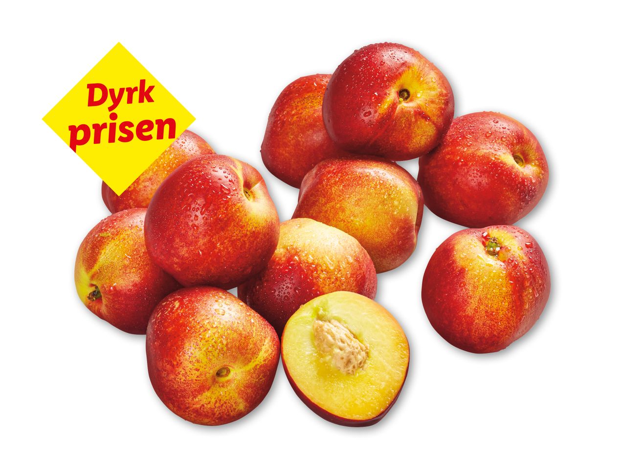 En bunke nektariner med vanddråber og teksten 'Dyrk prisen' på en gul etiket.