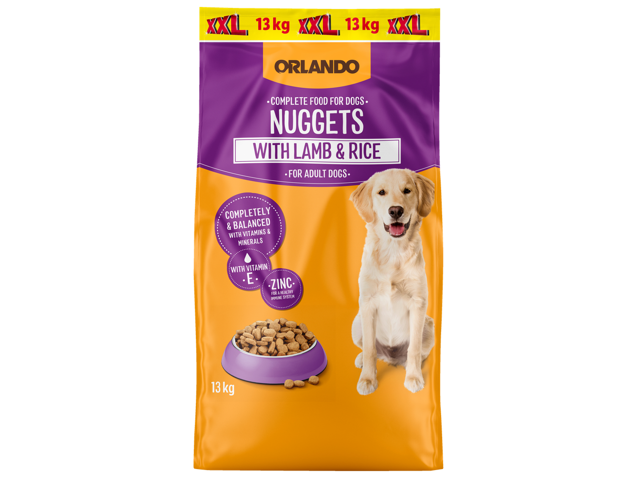 Hrană pentru câini Orlando: nuggets cu miel și orez, 13 kg.