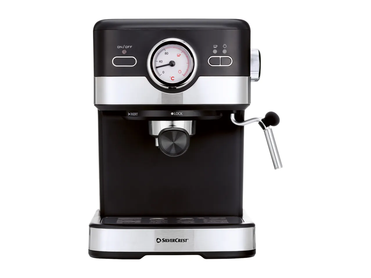 Black and silver espresso machine with a temperature gauge and steam wand.