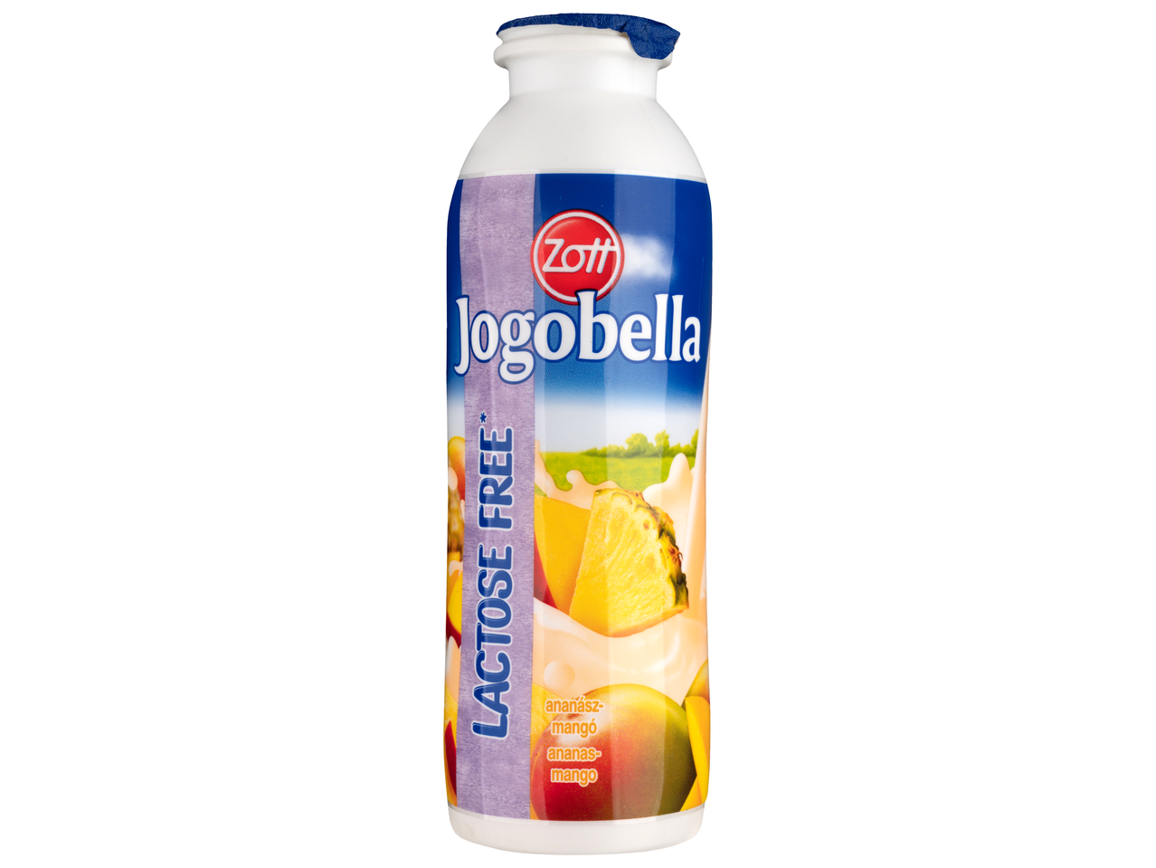 Zott Jogobella laktózmentes ananász-mangó joghurtital fehér palackban.