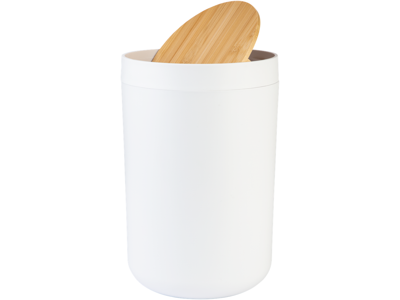 LIVARNO bijela posuda za pohranu s drvenim poklopcem, izolirana na crnoj pozadini.
