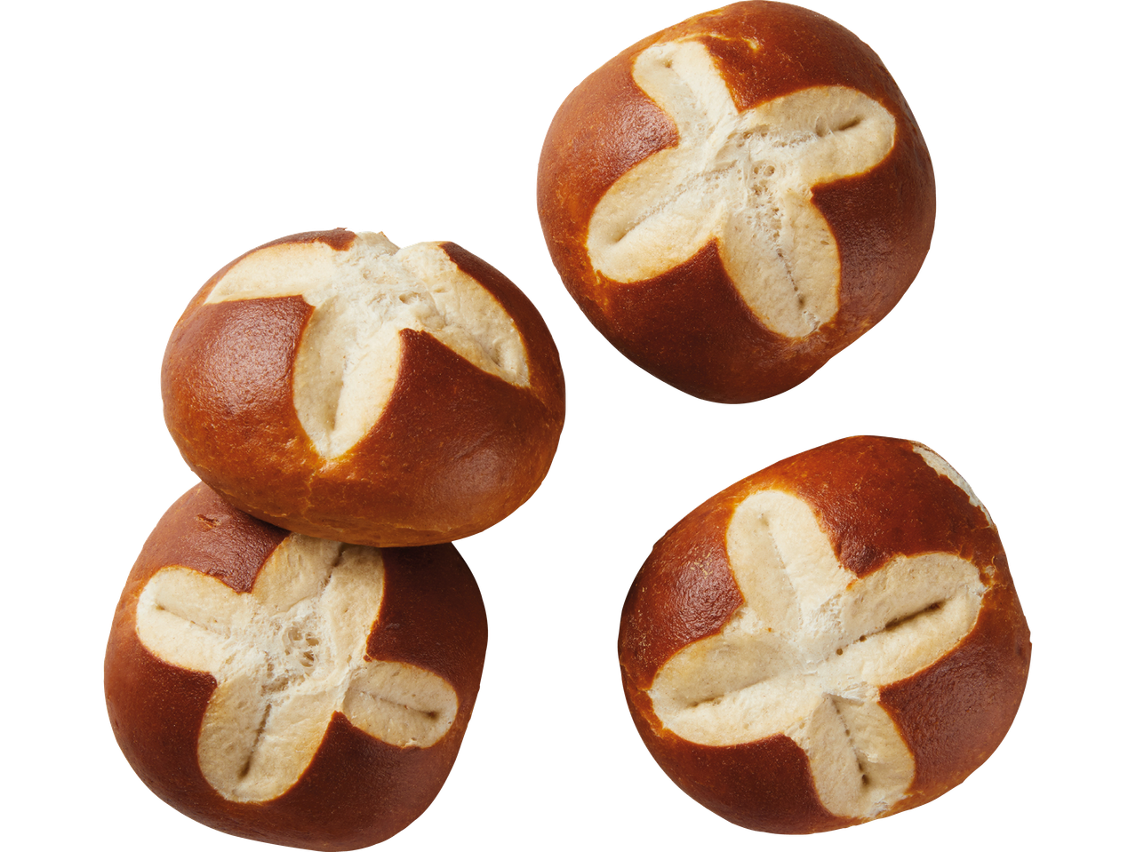 Fyra små, bruna pretzelbröd med ett kryss i mitten.