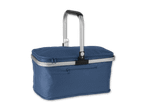 Eine dunkelblaue Kühltasche mit Tragegriff.