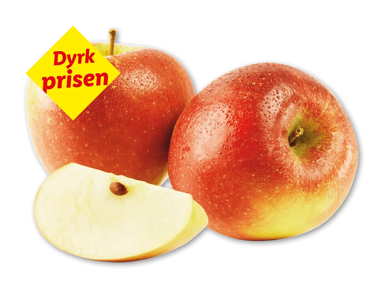 To røde æbler og et æblestykke med en gul prismærkat, der siger 'Dyrk prisen'.