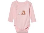 Pink baby bodysuit with bunny and bear design.