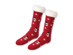 Rote Weihnachtssocken mit Schneemann- und Schneeflockenmuster
