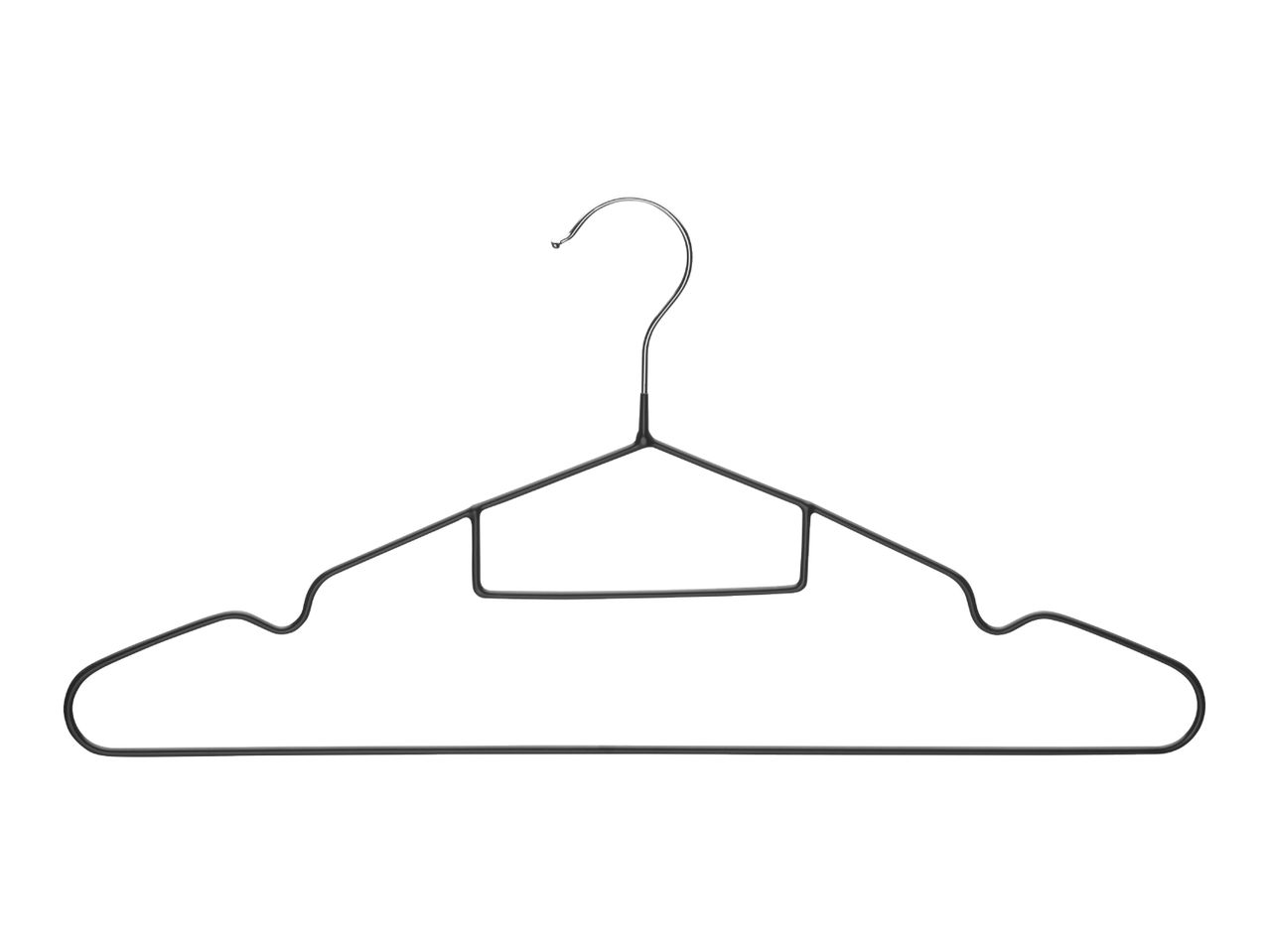 A black wire clothes hanger with a hook at the top, isolated on a white background.