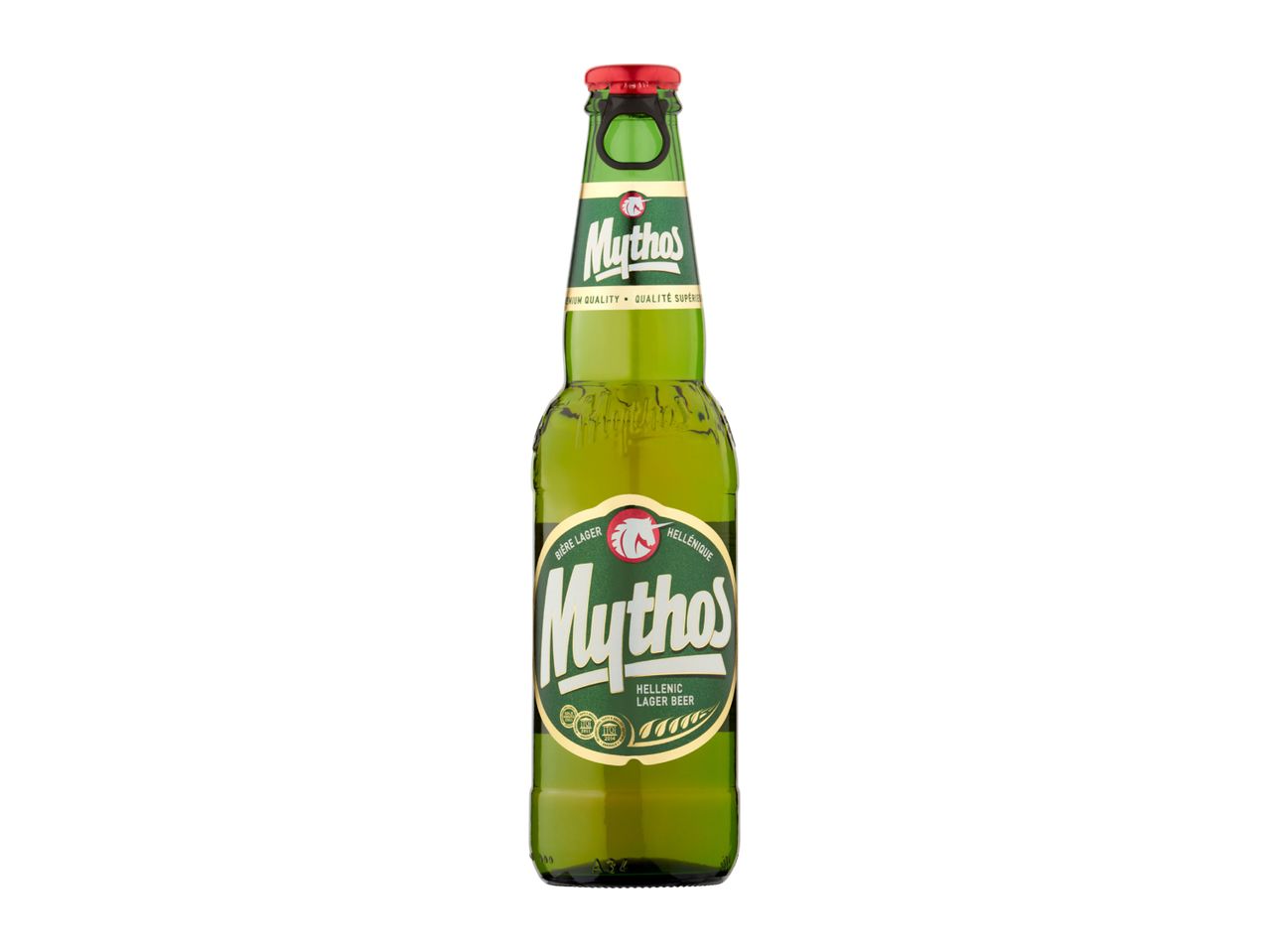 Green glass bottle of lager beer with a red cap and a green label.