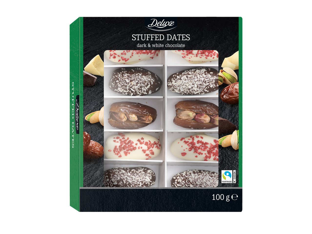 Deluxe įdarytos datulės su juoduoju ir baltuoju šokoladu, 100g.