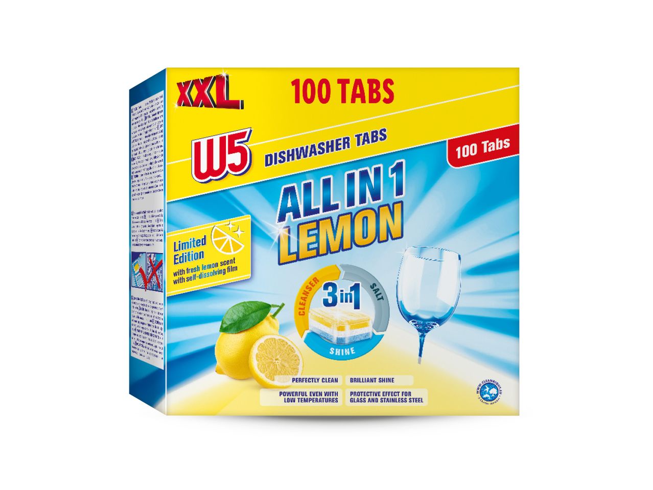 Kutija W5 XXL 100 tableta za perilicu posuđa s mirisom limuna.