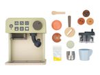 Wooden toy coffee machine with various accessories like cups, milk, and coffee beans.