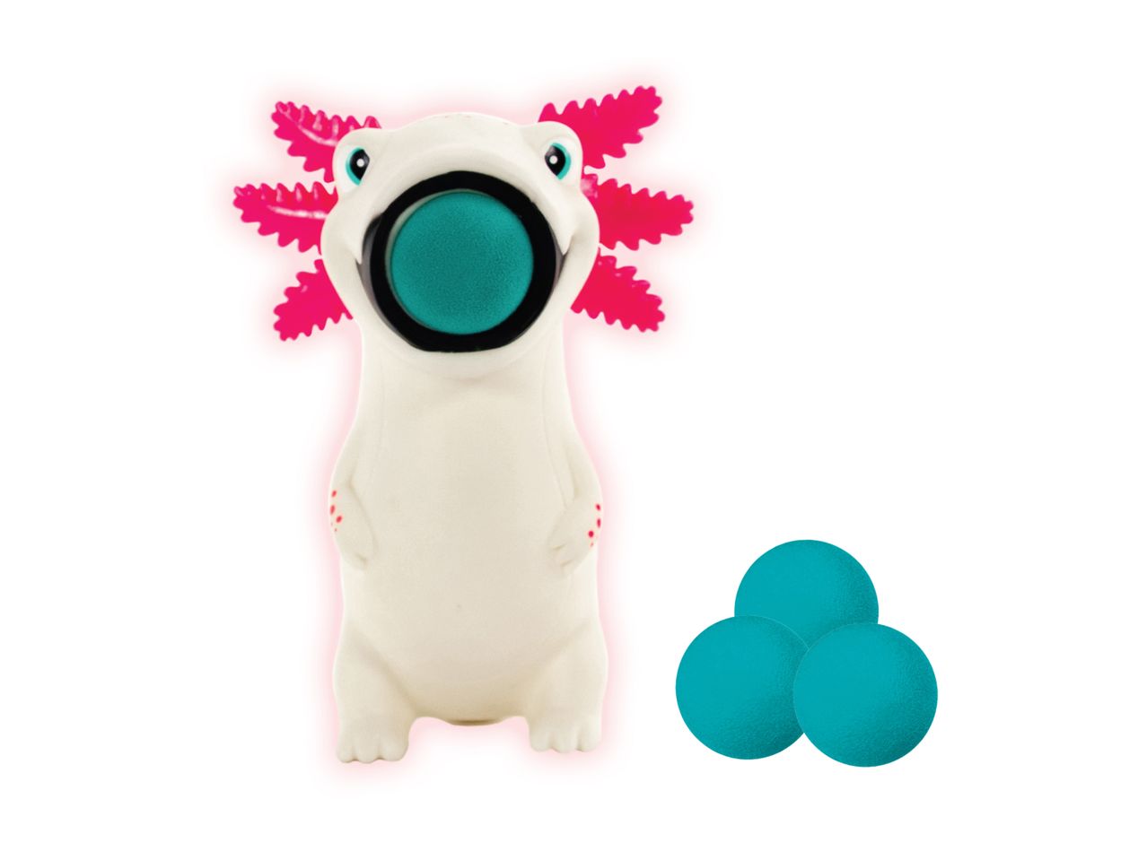 White axolotl toy with pink gills and three teal balls