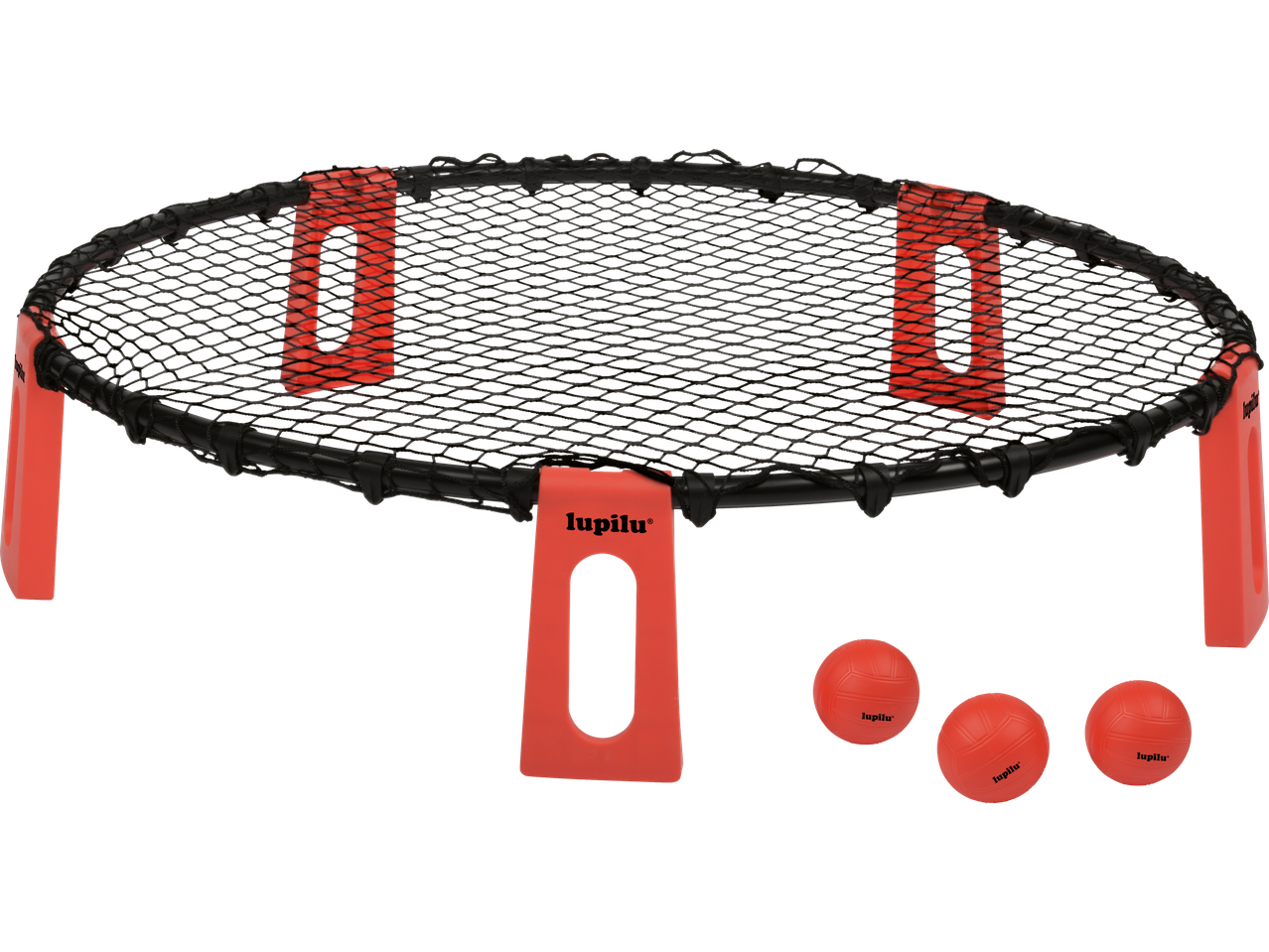 Set de joc cu minge LUPILU cu plasă rotundă și trei mingi roșii.