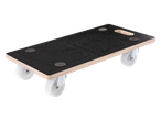 Wooden furniture dolly with black anti-slip surface and four white wheels.