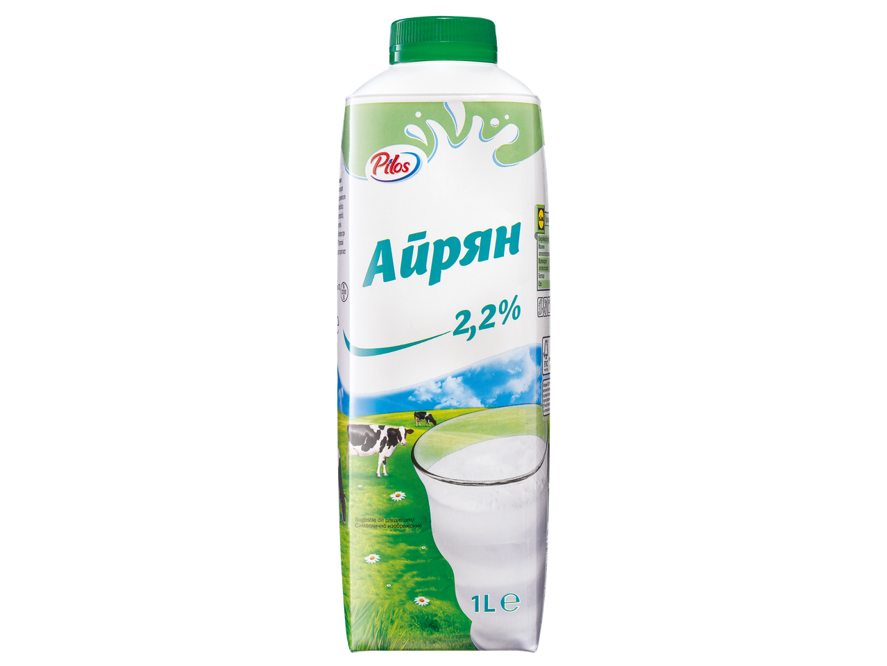 Картонена кутия с айрян 2,2% масленост, с изображение на крави на паша и чаша айрян.