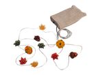 Autumn-themed string lights with pumpkins, leaves, and acorns, powered by a burlap-covered battery pack.