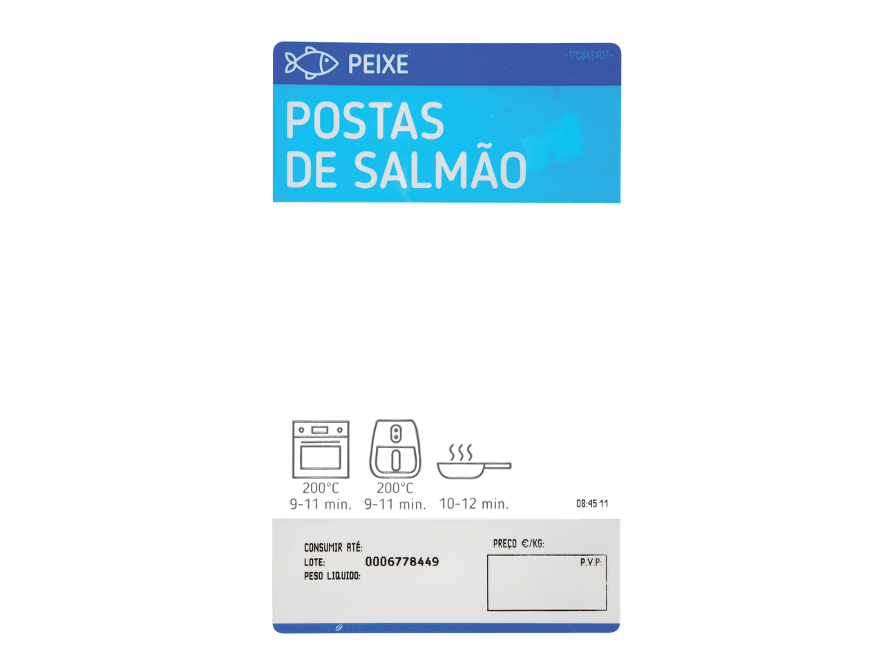 Embalagem de postas de salmão Lidl com instruções de cozedura e etiqueta de preço.