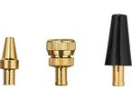 Three brass and black inflation needle adapters for pumps.