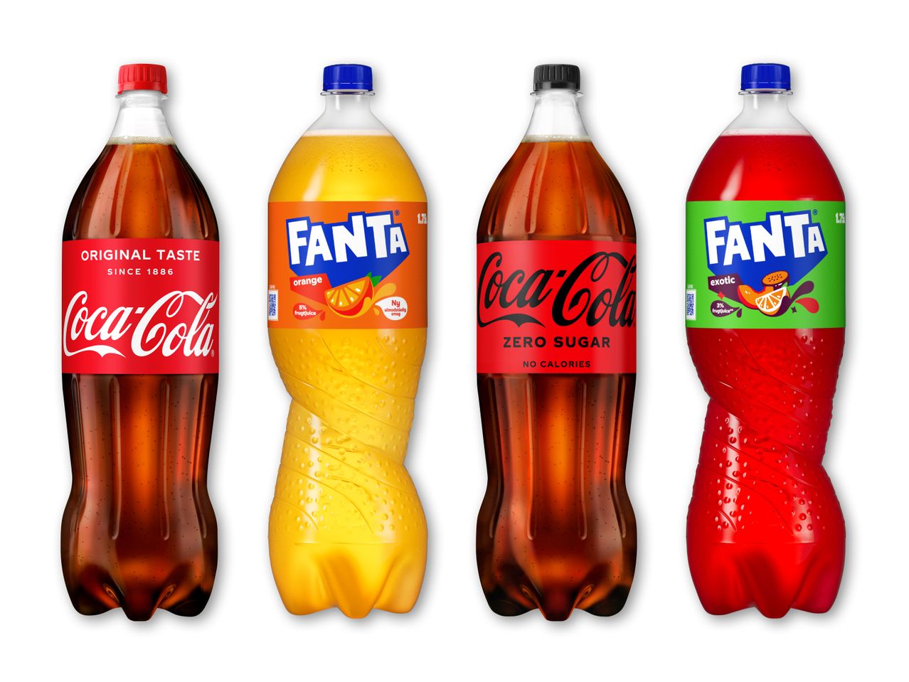 Fire sodavandsflasker: to colaer (original og zero sugar) og to appelsin- og eksotiske sodavand.