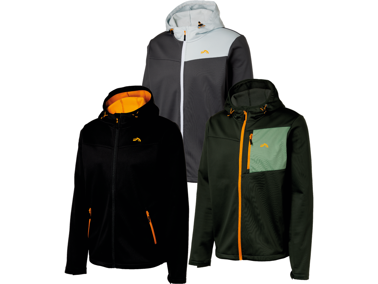 Tre huvtröjor i svart, grått och mörkgrönt med orange dragkedjor och logotyper.