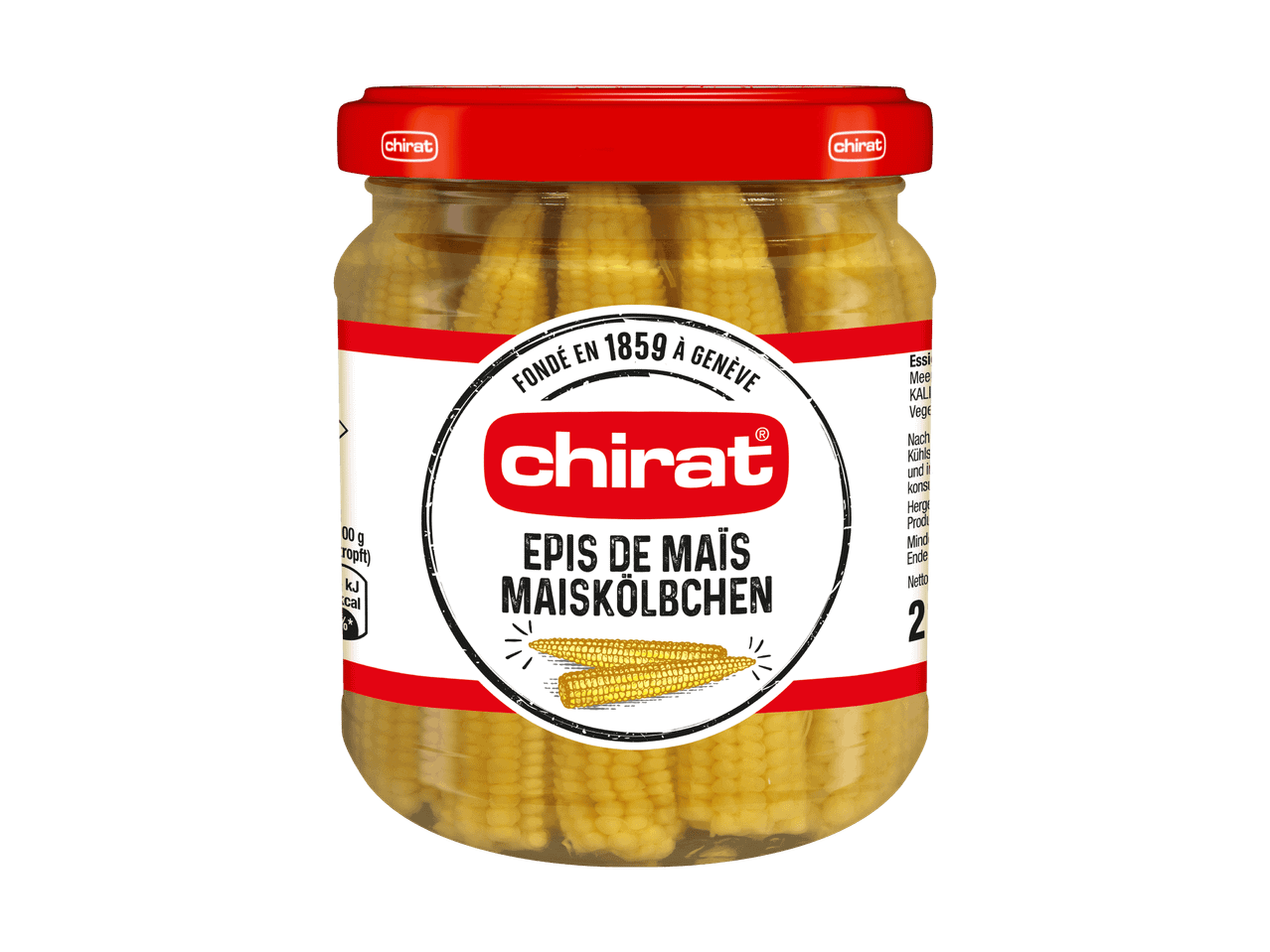 Un barattolo di pannocchiette di mais sott'aceto con coperchio rosso.