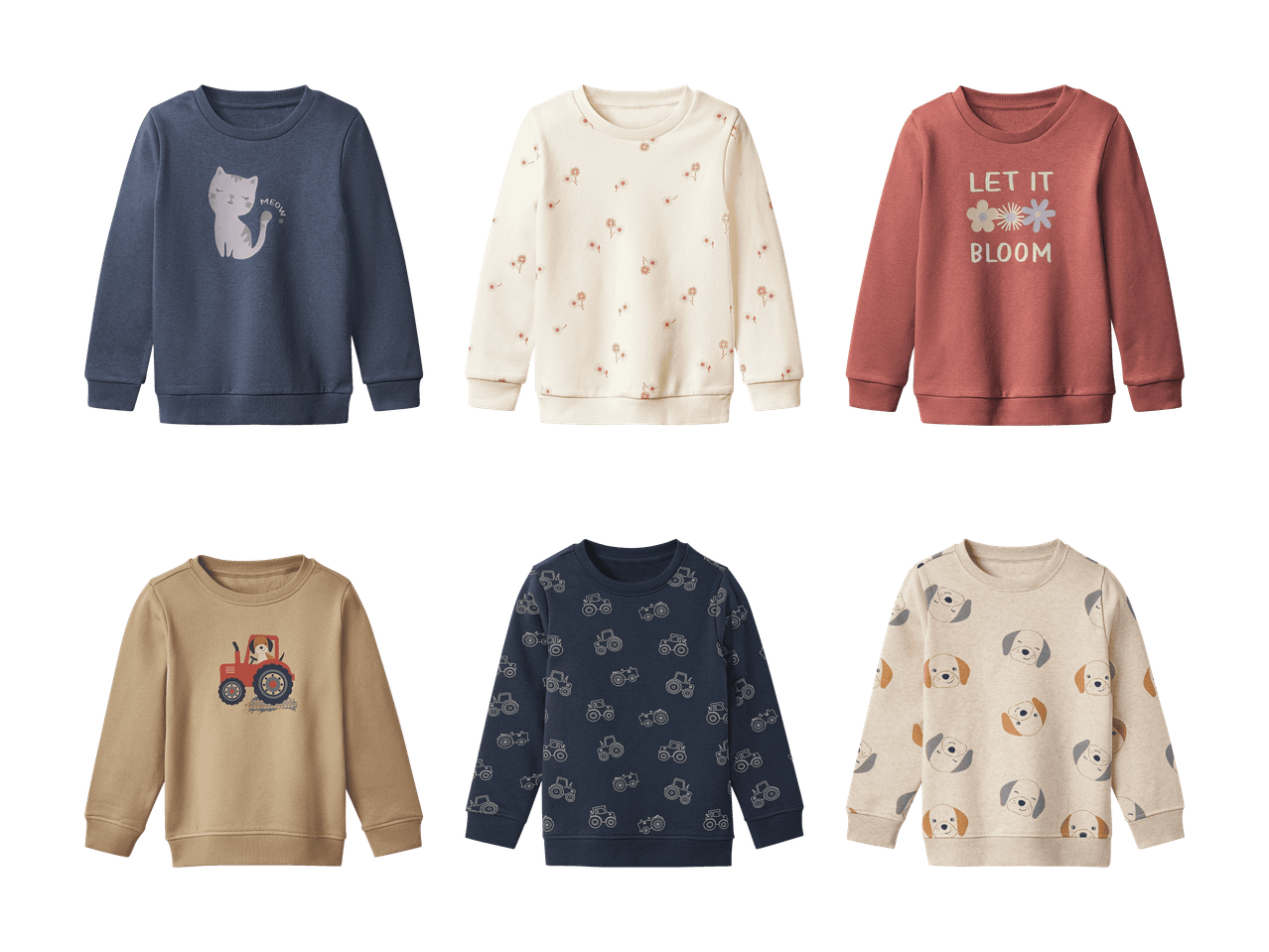 Sechs Kinderpullover mit Katzen-, Blumen-, Traktor- und Hundemotiven.