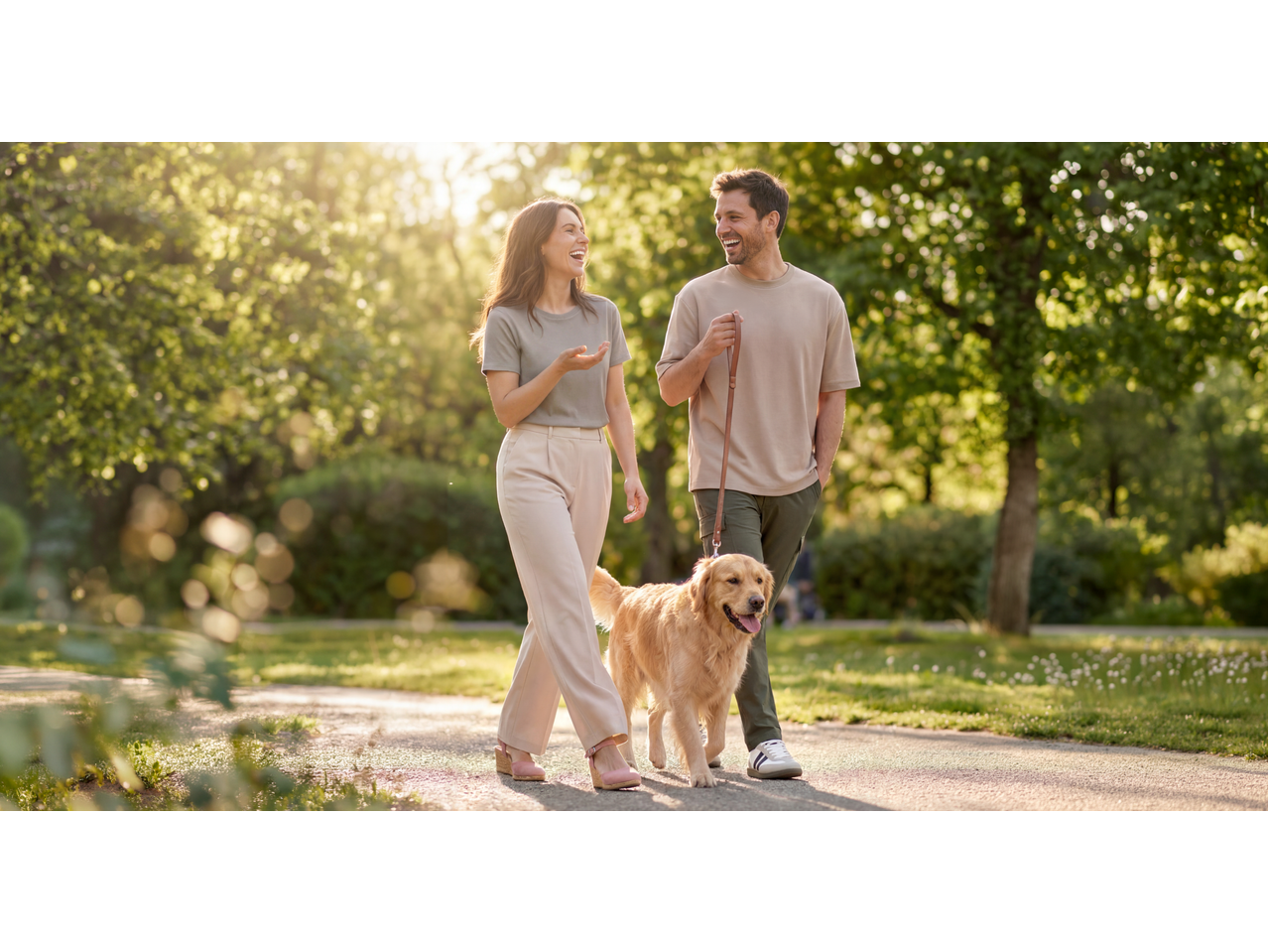 Casal com cão a passear no parque, ela veste calças bege e t-shirt cinzenta