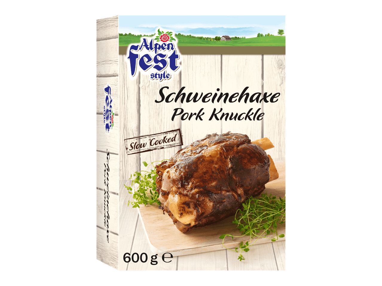Alpenfest-tyylinen porsaanpotka, hitaasti kypsennetty, 600 g pakkaus.