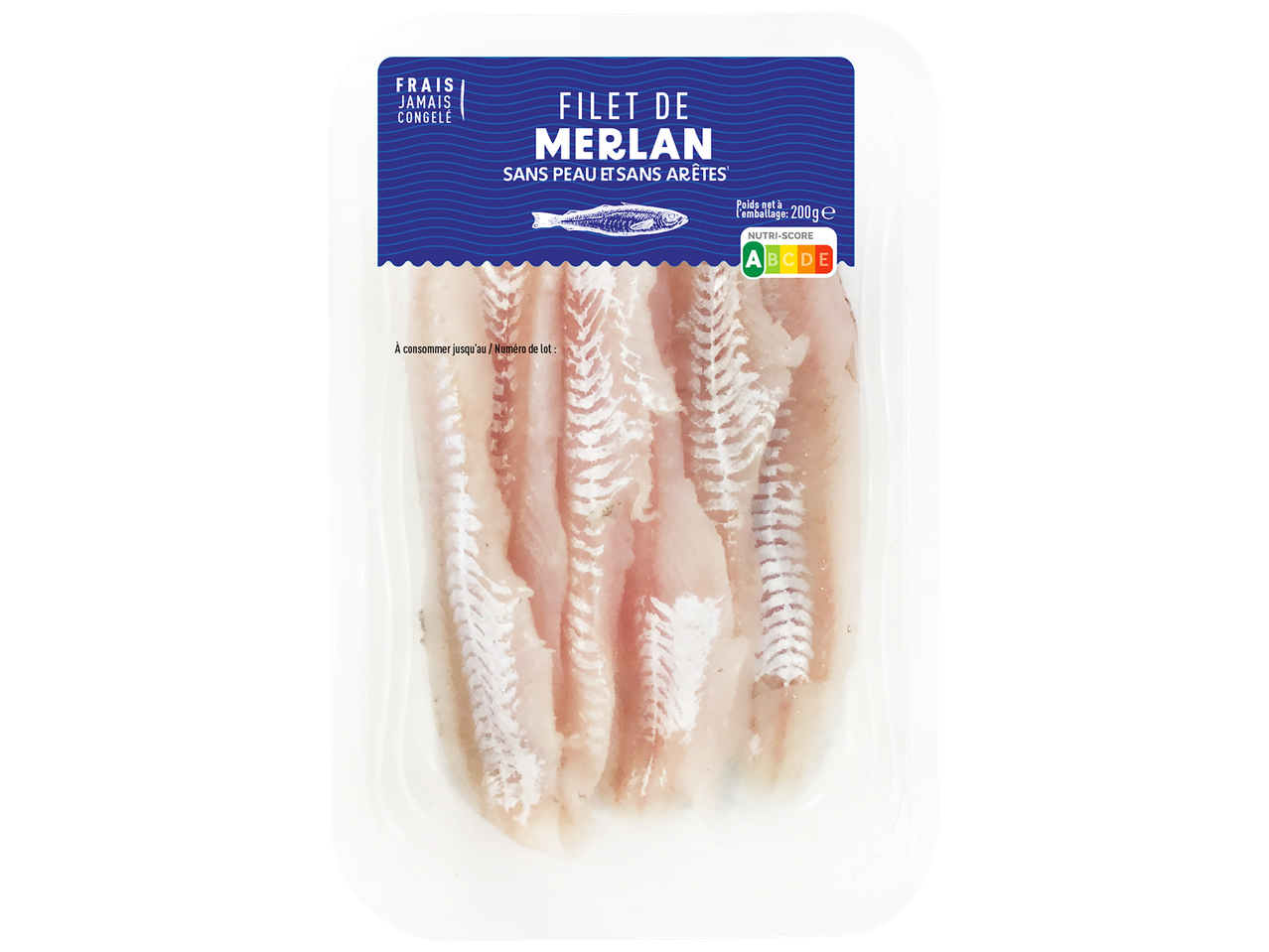 Barquette de filets de merlan frais, sans peau ni arêtes, avec Nutri-Score B et poids net de 200g.
