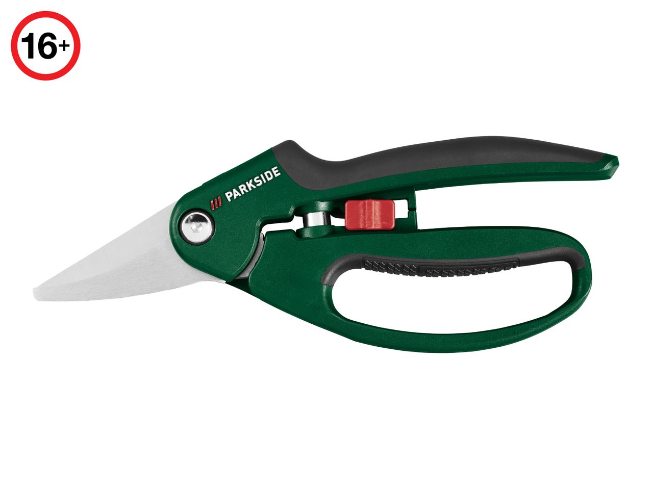 Green garden shears with a red safety lock, featuring a '16+' age restriction icon.