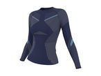 Dark blue long-sleeved athletic top with light blue and grey striped patterns