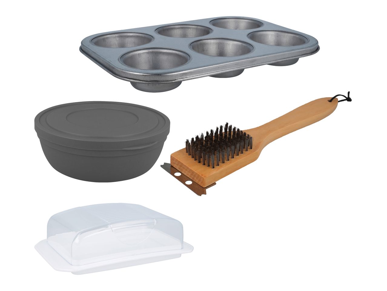 Backzubehör-Set: Muffinform, Schüssel, Bürste und Abdeckung.