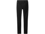 A pair of black skinny jeans with a button and zipper closure.