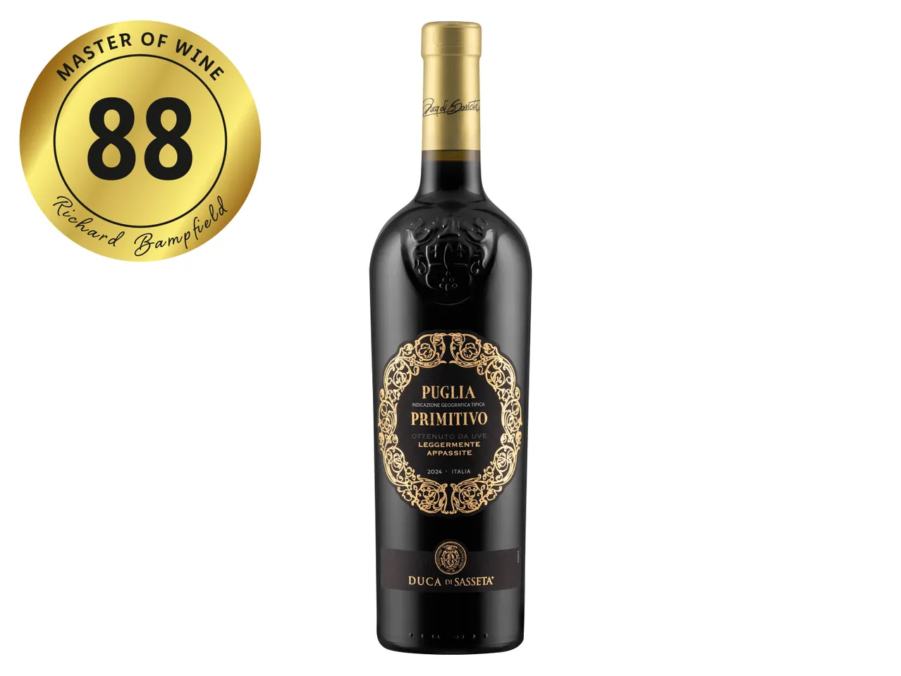 A bottle of Duca di Sasseta Primitivo wine with an 88-point Master of Wine rating.