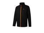 A black knitted fleece jacket with an orange zipper and a small orange logo.