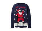 Navy blue Christmas jumper with a dancing Santa Claus and 'Let's Party!' text.