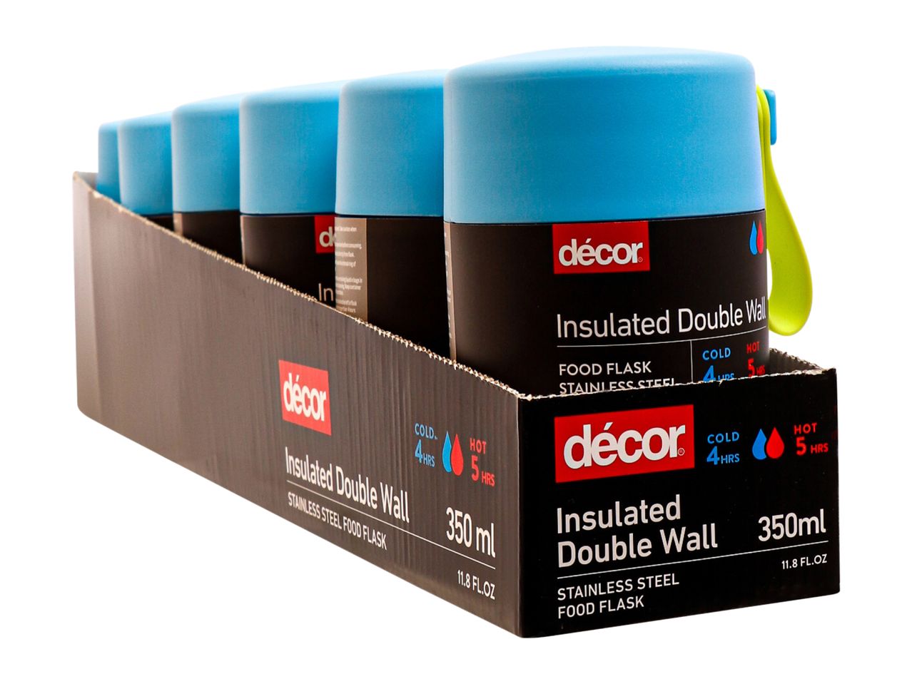 A row of insulated food flasks in a display box, showing their cold and hot retention times.