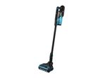 A black and teal cordless stick vacuum cleaner stands upright.