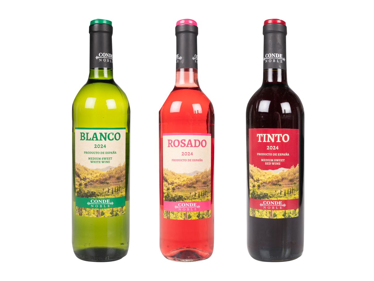 Trei sticle de vin Blanes: alb, roz și roșu.