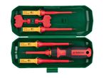 A Parkside screwdriver set with interchangeable insulated blades and a handle in a green case.