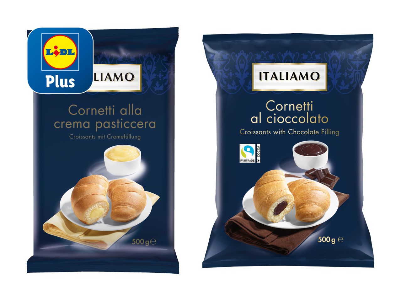 Zwei Packungen tiefgekühlter Italamo Lidl Plus Cornetti: Vanillecreme und Schokolade.
