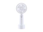Hvid bærbar ventilator med en rund blæser og en base.