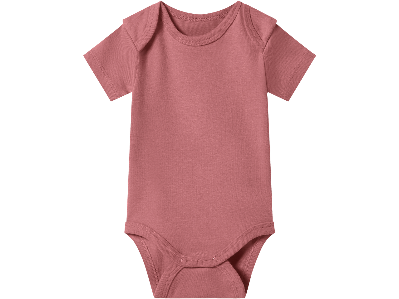 Pink short-sleeved baby bodysuit with snap closures at the crotch.
