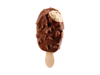 Um sorvete de chocolate e nozes com uma mordida.