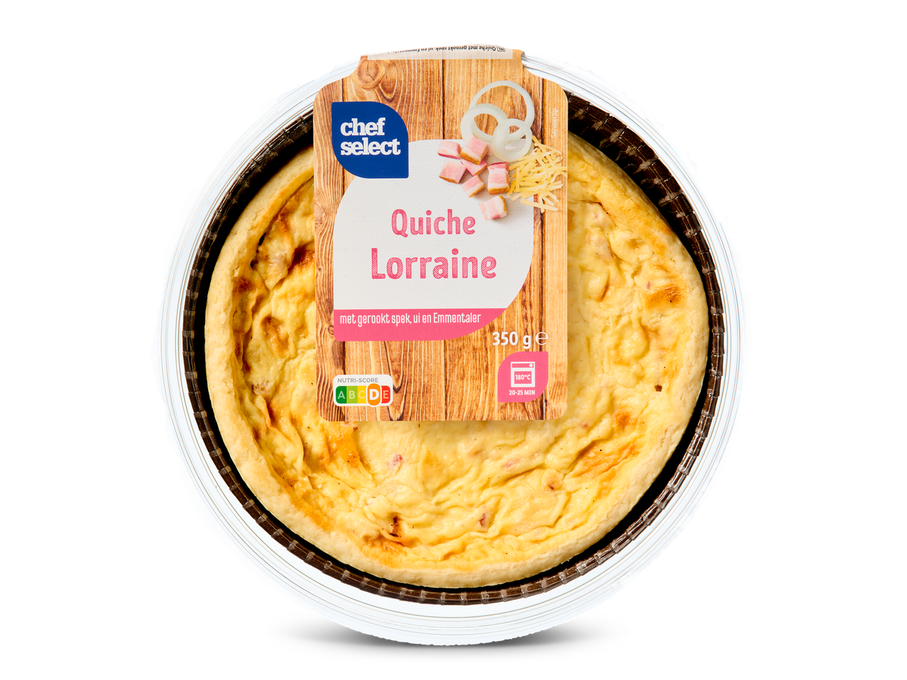 Quiche Lorraine met gerookt spek, ui en Emmentaler in een ronde verpakking.