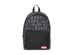 A black Marvel backpack with a repeating logo pattern.
